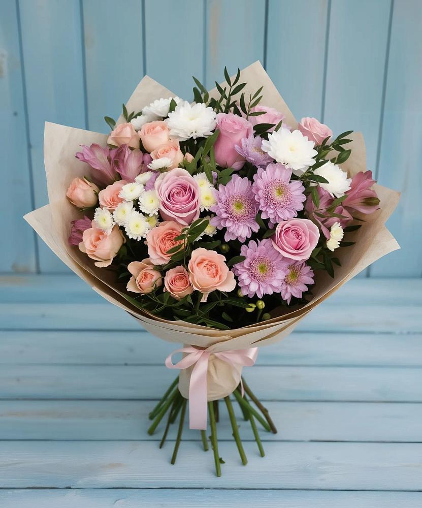 Букет цветов из: Хризантемы, Розы и Альстромерии в Шараповой Охоте