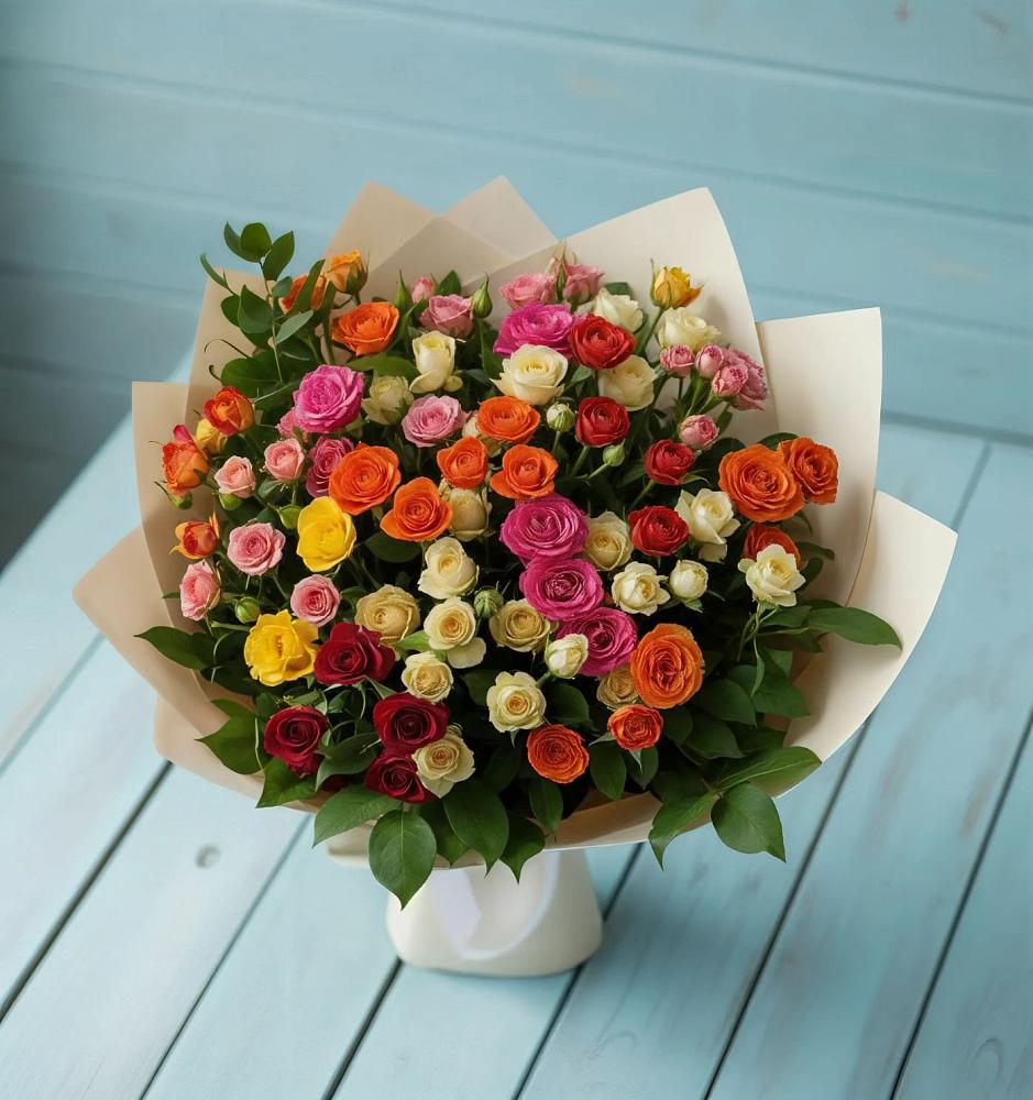 Букет Микс из разноцветных кустовых роз в Шараповой Охоте