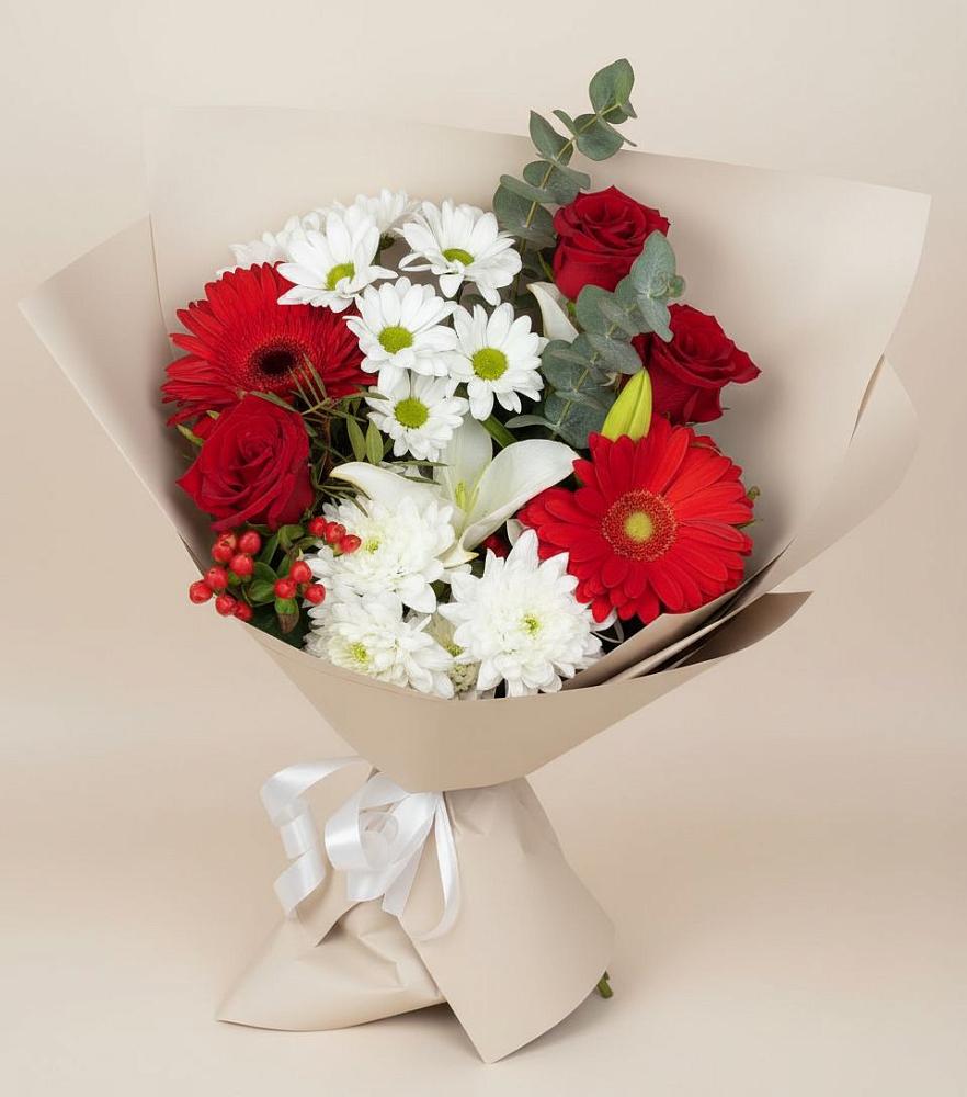 Букет цветов из: Розы, Хризантемы, Герберы и Лилии в Шараповой Охоте