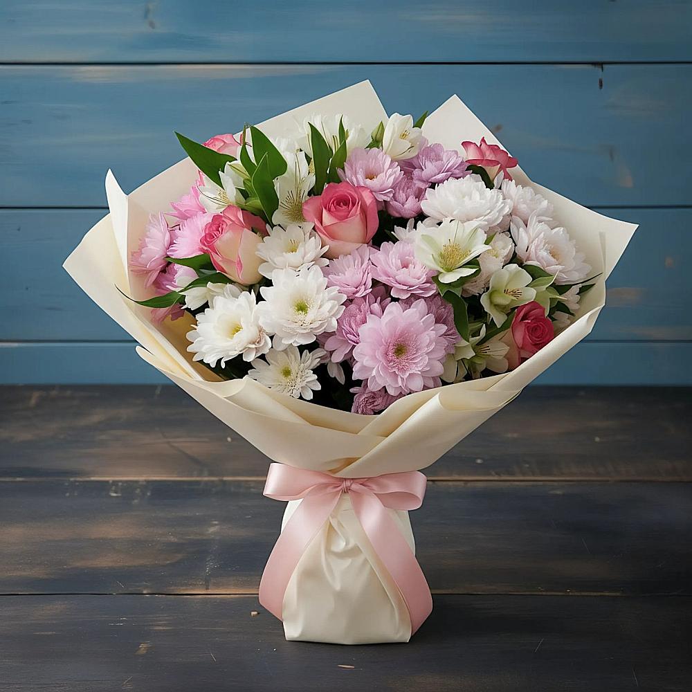 Букет цветов из: Хризантемы, Альстромерии и Розы в Шараповой Охоте